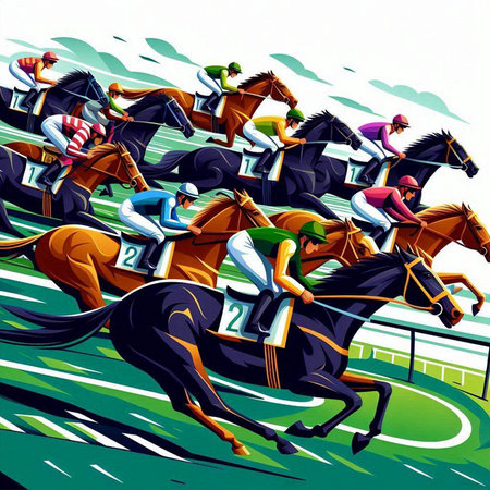 Jockeys racing on a racecourse. Vector illustration of jockeys on race horses.のイラスト素材