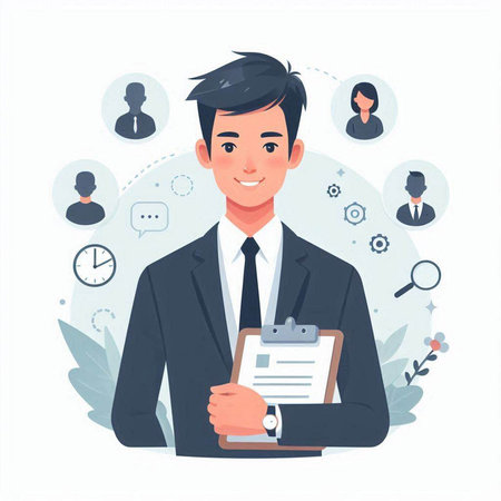 Businessman with clipboard and icons. Vector illustration in flat style.のイラスト素材