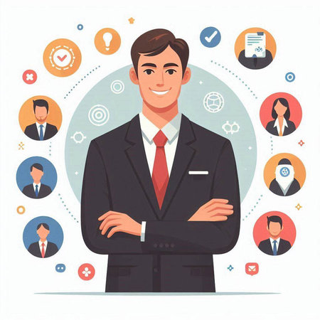 Businessman in office. Vector illustration in flat design style. Businessman in suit.のイラスト素材