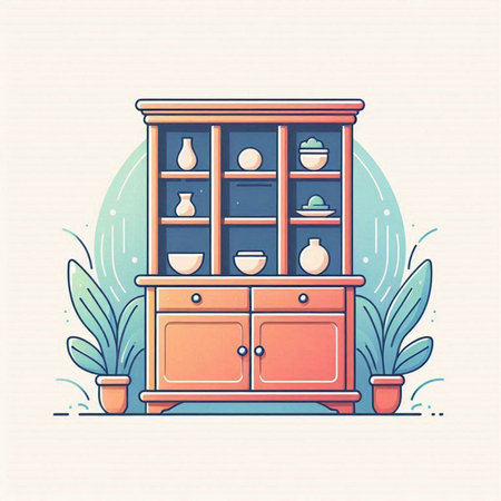 Cupboard with cups and saucers, vector illustration.のイラスト素材