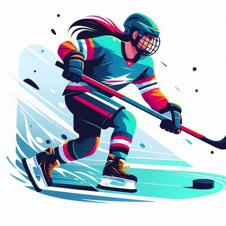 Ice hockey player with the stick and puck in action. Vector illustration.のイラスト素材