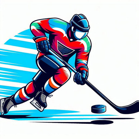Ice hockey player with the stick and puck. Colorful vector illustration.のイラスト素材