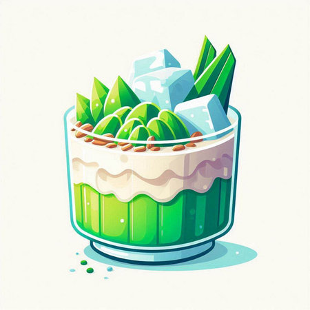 Green tea cup with ice cubes and green leaves. Vector illustration.のイラスト素材