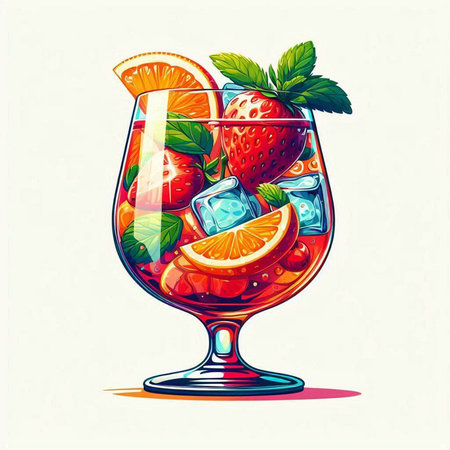 Cocktail with strawberry, orange and mint. Vector illustration.のイラスト素材
