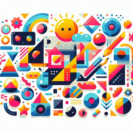 Abstract colorful geometric background with circles, triangles and figures. Vector illustration.のイラスト素材