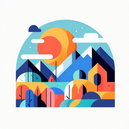 Landscape with mountains, sun, trees and houses. Vector illustration.のイラスト素材