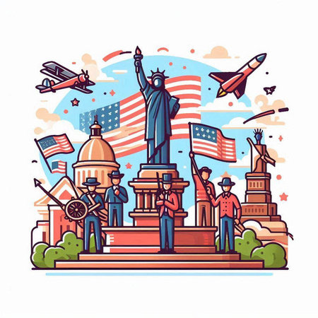 Statue of liberty with american flags and airplanes flying around. Vector illustration.のイラスト素材