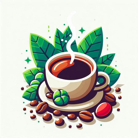 Cup of coffee with green leaves on white background. Vector illustration.のイラスト素材