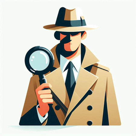 Vector illustration of detective in coat and hat with magnifying glass.のイラスト素材