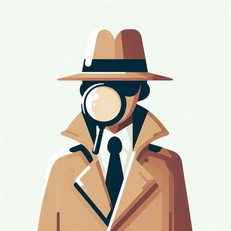 illustration of detective with magnifying glass and hat on white backgroundのイラスト素材