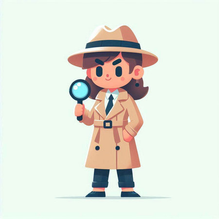 Cute little detective girl in hat and coat looking through magnifying glassのイラスト素材