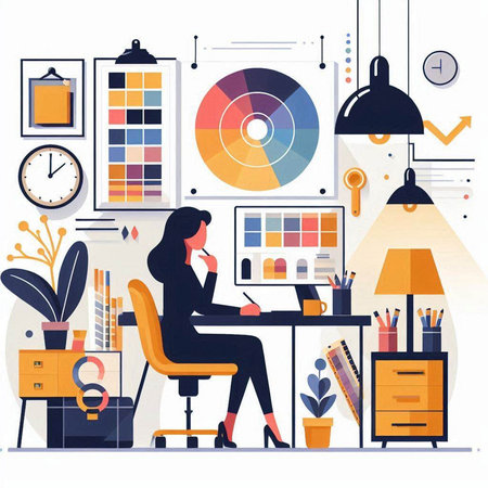 Vector illustration of a woman working on laptop at home office in flat style.のイラスト素材