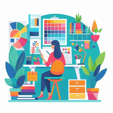 Vector illustration of a young woman working at the office. Flat designのイラスト素材