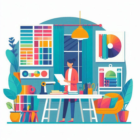 Designer working at the office. Vector illustration in flat style.のイラスト素材