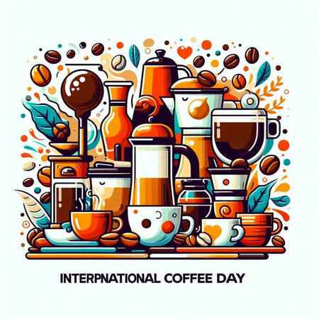 International Coffee Day. Hand drawn vector illustration. Design elements for poster, card, banner.のイラスト素材