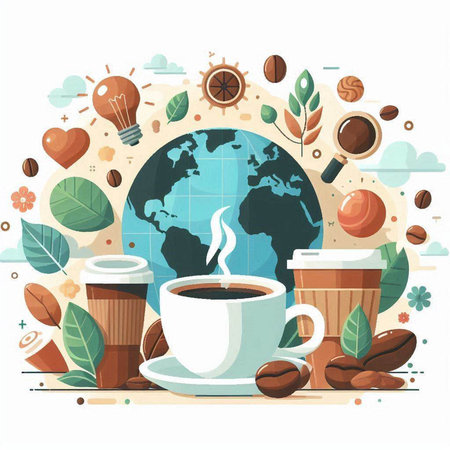 Coffee time flat vector illustration. Coffee cup and world map.のイラスト素材