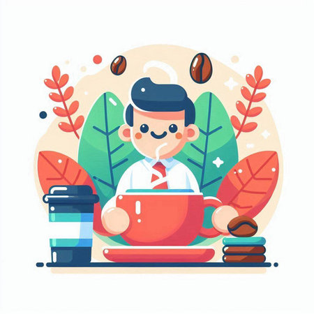 Coffee time flat vector illustration. Cartoon man with a cup of coffee.のイラスト素材