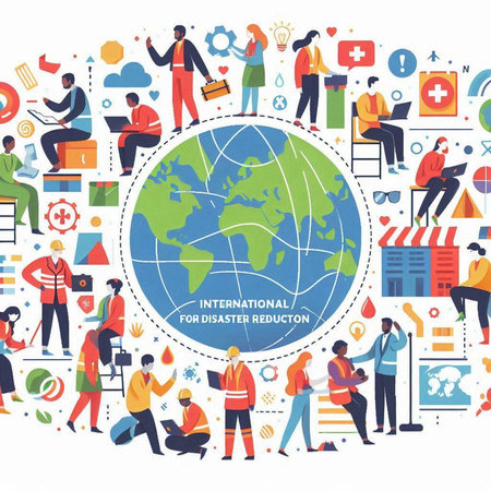 Global communication concept with people around the world, flat vector illustration.のイラスト素材