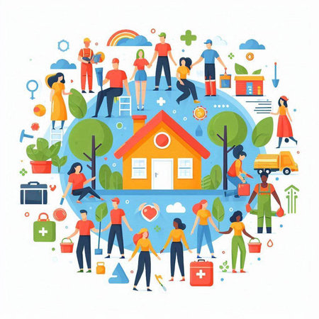 People around the house. Vector illustration in a flat style. The concept of family life.のイラスト素材