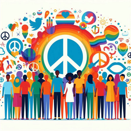 Group of people with peace symbol in the center. Vector illustration.のイラスト素材
