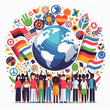 International Day of Peace concept. Group of people holding flags and globe. Vector illustrationのイラスト素材