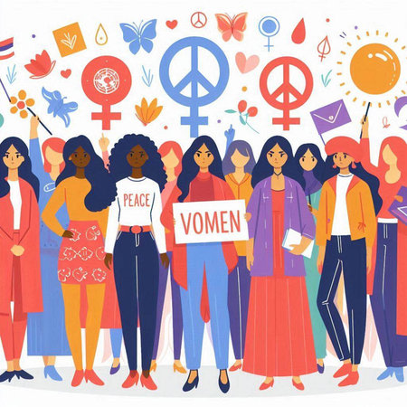 International Women's Day. Group of diverse young women holding a poster with the inscription. Vector illustration.のイラスト素材
