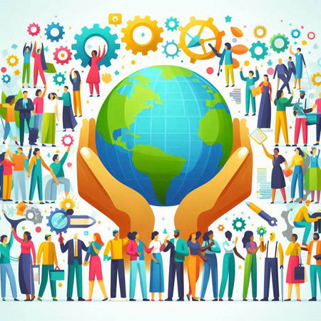 Global business teamwork concept. Flat design vector illustration. Teamwork, partnership and cooperation.のイラスト素材