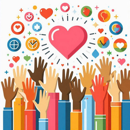 Hands of diverse people raising their hands up for a heart symbolのイラスト素材