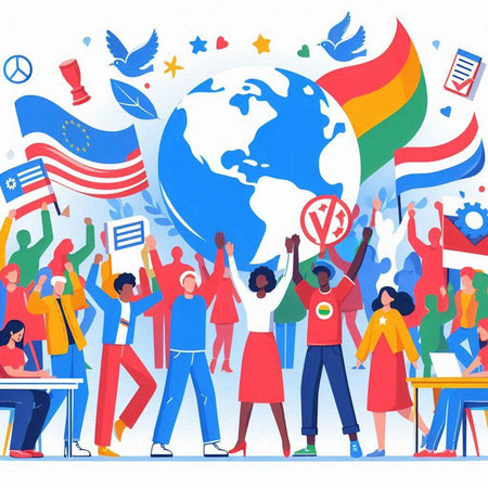 People with flags and symbols of United States of America. Vector illustration.のイラスト素材