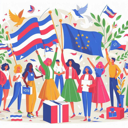 Protest people with flags. People with flags. Vector illustration.のイラスト素材