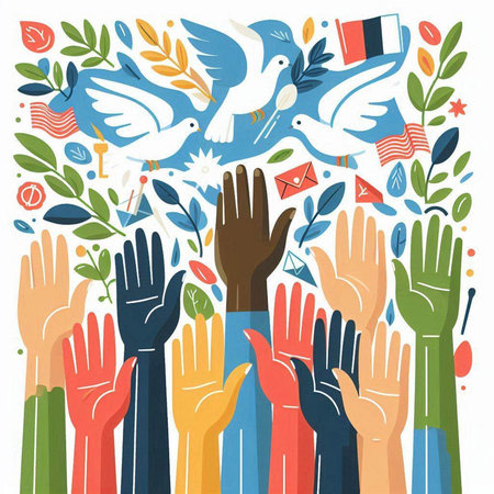 Vector illustration of a group of hands with international flags and dovesのイラスト素材