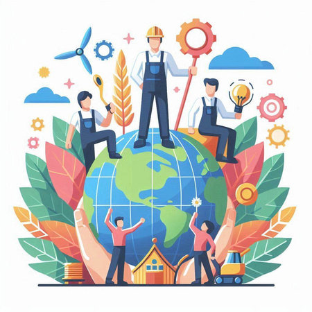 Vector illustration of team of engineers working around the world. Earth day conceptのイラスト素材