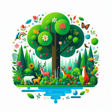 Vector illustration of a beautiful cartoon forest landscape with trees, foxes, flowers, birds and butterflies.のイラスト素材