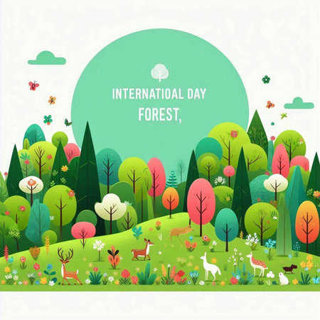 International Forest Day. Vector Illustration of trees, grass, flowers, grass and birds.のイラスト素材