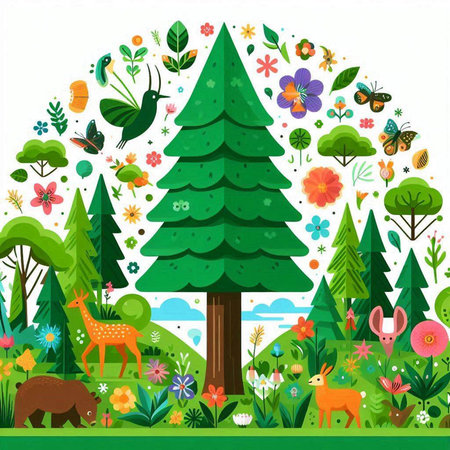 Nature landscape with trees, flowers, butterflies and animals. Vector illustration.のイラスト素材