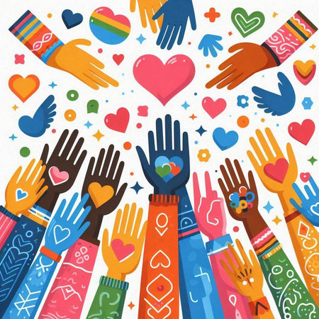 Hands of different races with hearts and confetti. Vector illustration.のイラスト素材