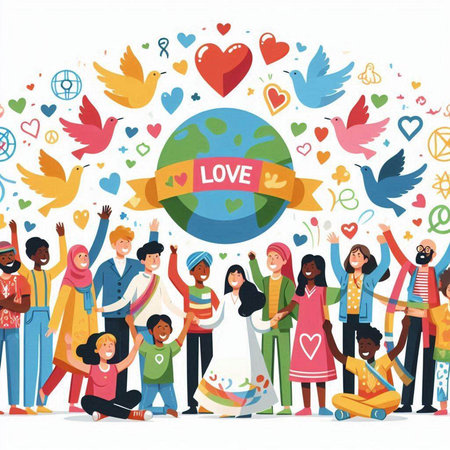International Day of Peace. Group of happy african american people in national clothes with hearts, symbols of peace and love. Vector illustration.のイラスト素材
