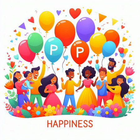 Happy People Holding Colorful Balloons Flat Vector Banner. Multiethnic Group of Friends Celebrating International Womens Day, Birthday, Anniversary or Valentine Dayのイラスト素材