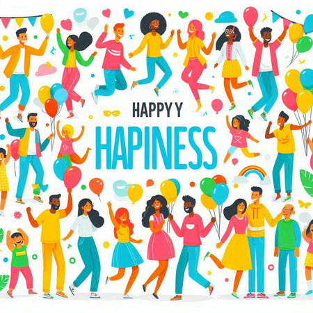 Happy Birthday Greeting Card with Group of Multiethnic People Having Fun Celebrating Holiday. Flat Vector Illustrationのイラスト素材