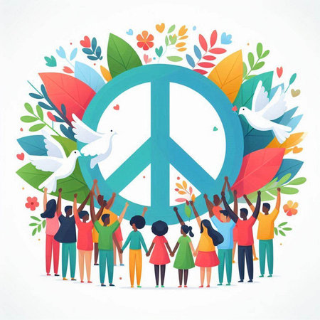 International Day of Peace concept. People with peace sign. Vector illustrationのイラスト素材