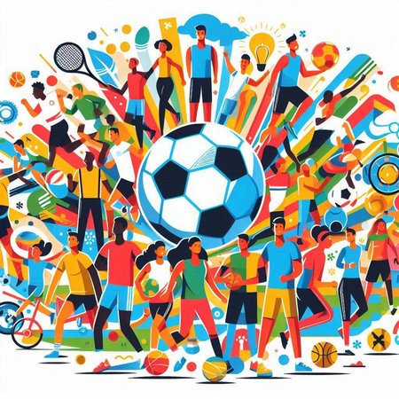 Group of young people playing soccer, football, basketball, rugby, basketball, tennis, volleyball, tennis, tennis, tennis, hockey, baseball, baseball, tennis, tennis. Vector illustration.のイラスト素材