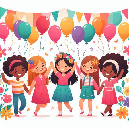 Cute Little Girls with Balloons Vector Illustration. Happy Smiling Kids Having Fun on Birthday Party.のイラスト素材