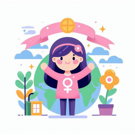 Girl Celebrating International Womens Day Vector Illustration. Girl Celebrating International Womens Dayのイラスト素材