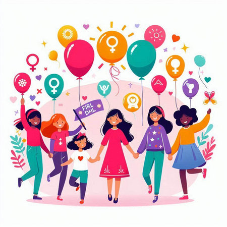 Happy International Womens Day vector illustration. Group of young women with balloons and flags.のイラスト素材
