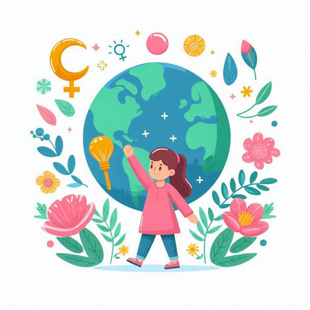 Cute little girl with a globe in her hand. Vector illustration.のイラスト素材