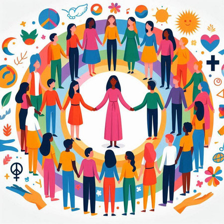 International Womens Day. A group of women of different nationalities are standing in a circle.のイラスト素材