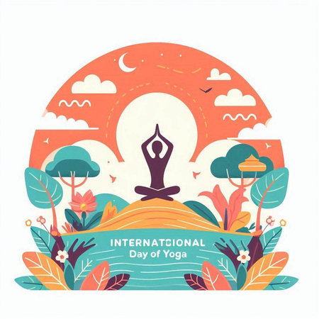 Vector illustration of International Yoga Day in flat design style with hand drawn doodle elements.のイラスト素材