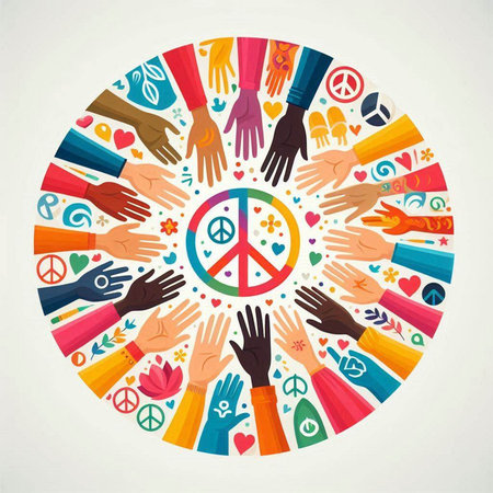 Vector illustration of hands with peace sign in circle shape. Hippie concept.のイラスト素材