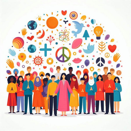 International Day of Peace. Group of people around the globe. Vector illustration.のイラスト素材