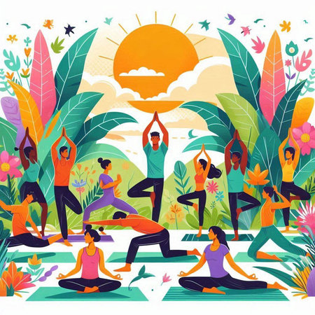 Vector illustration of a group of people practicing yoga in the park.のイラスト素材